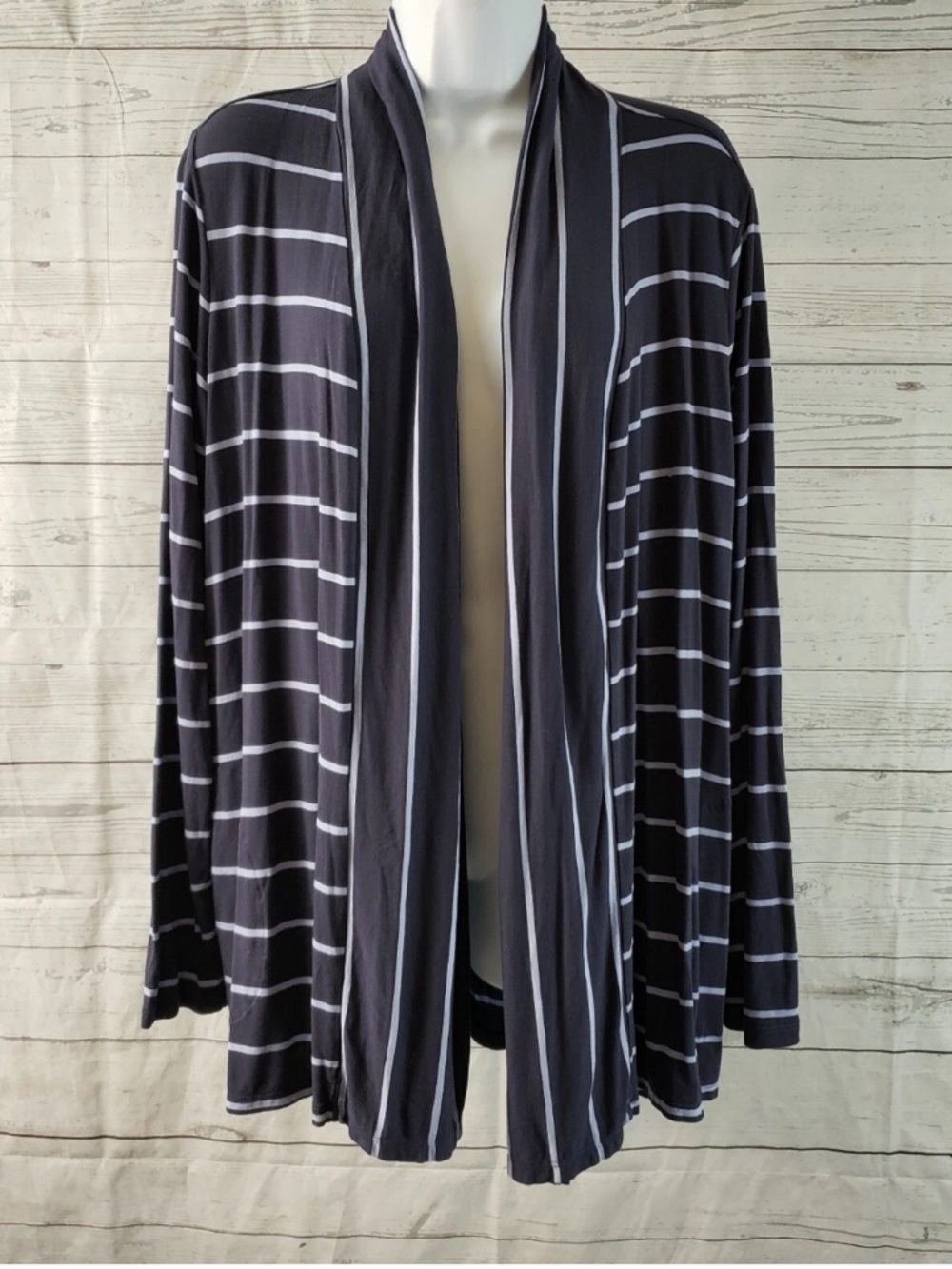 LOGO by Lori Goldstein Mixed Stripe Open Front Cardigan A288012 L - BlackBerry